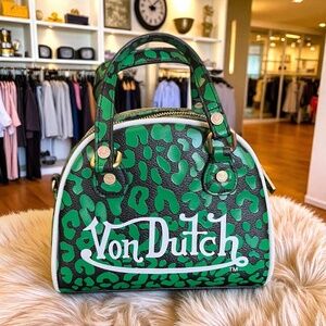 Authentic Von Dutch Lime Cheetah Bowling Bag Crossbody Purse Y2K Retro Vibe